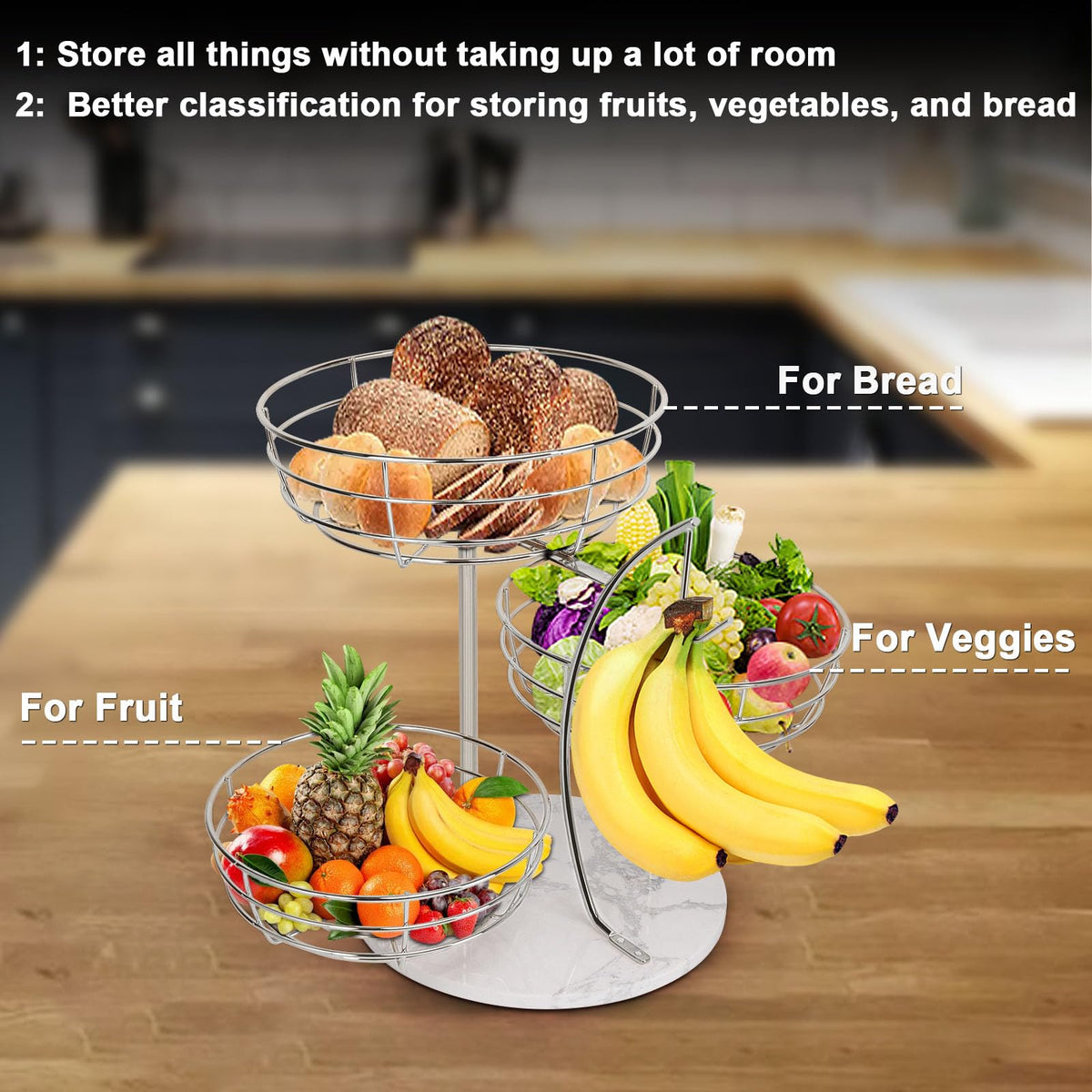 Livabber fruit basket on kitchen counter demonstrates easy reach for snacks and produce.