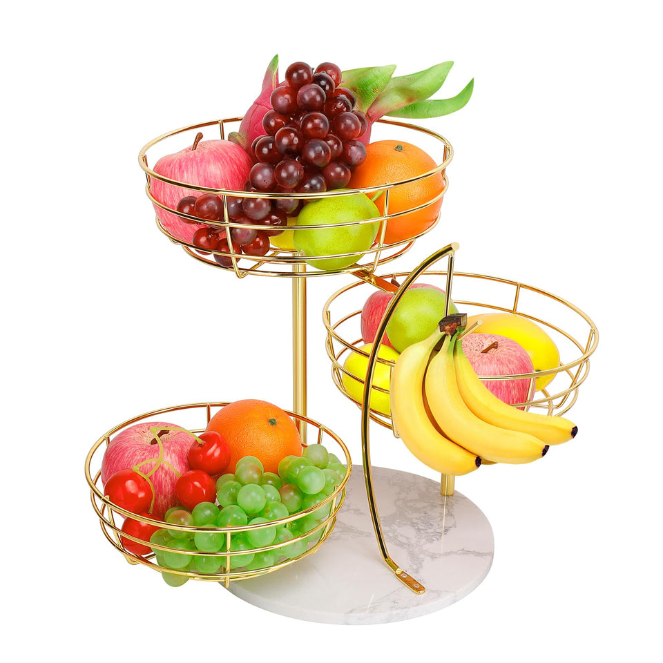 Livabber fruit basket with banana hanger on a gold finish countertop