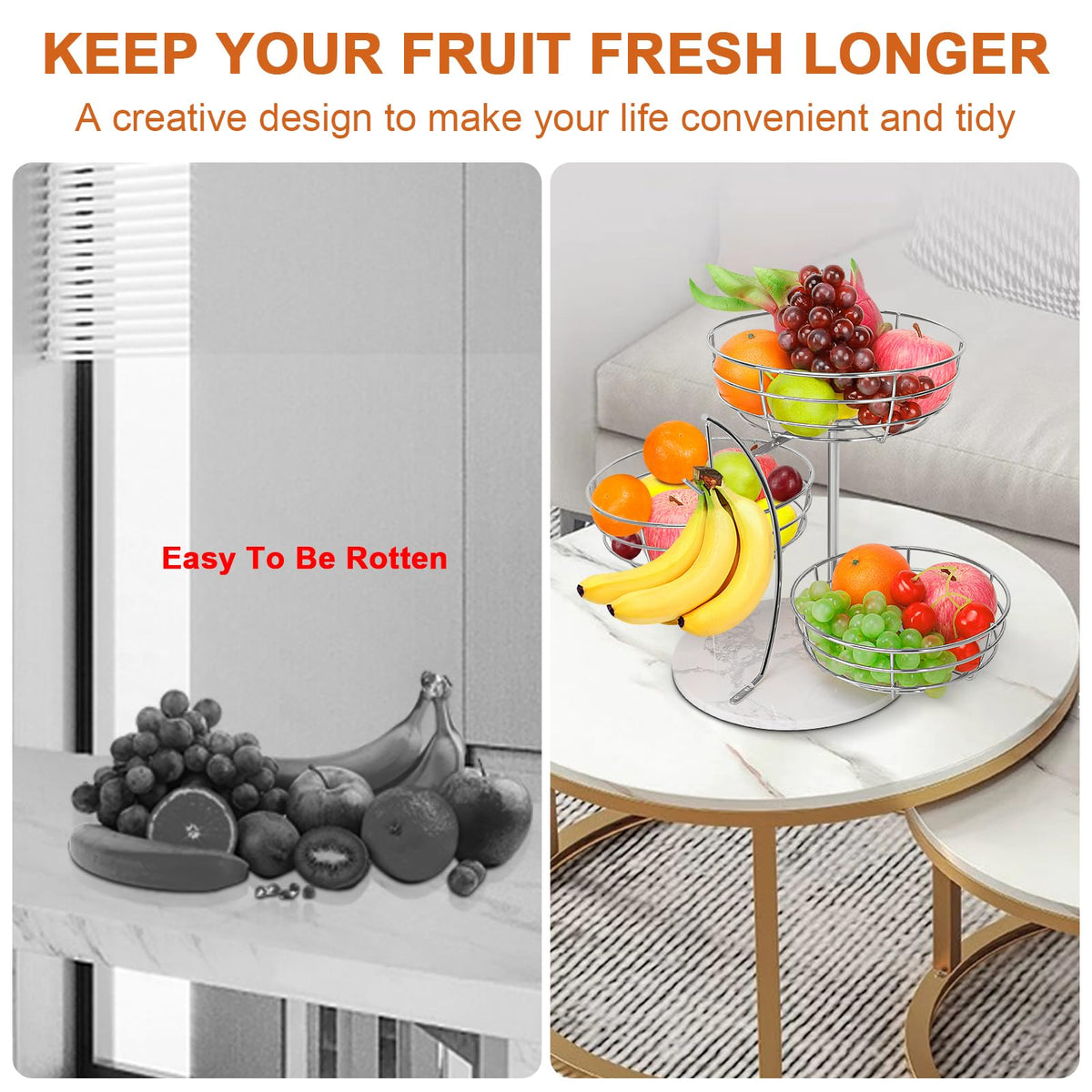 Livabber chrome-frame storage keeps bananas separate from other produce to reduce bruising.