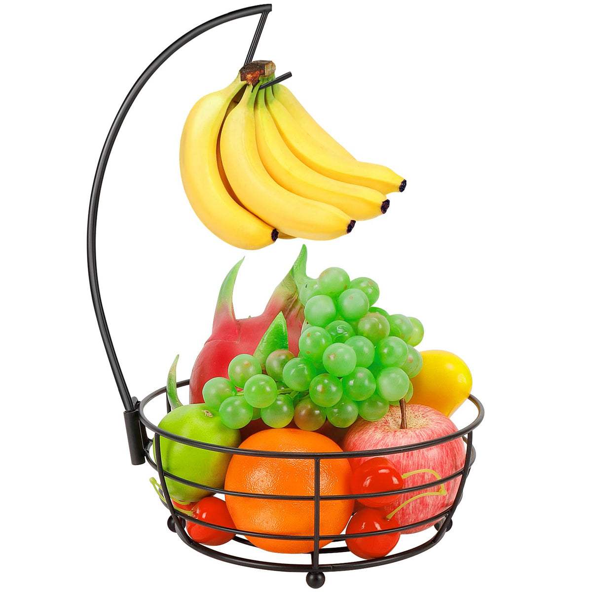 Livabber round metal fruit basket in black keeps produce organized and accessible on the kitchen counter.