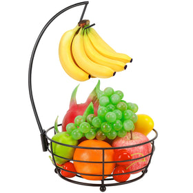 Livabber round metal fruit basket in black keeps produce organized and accessible on the kitchen counter.