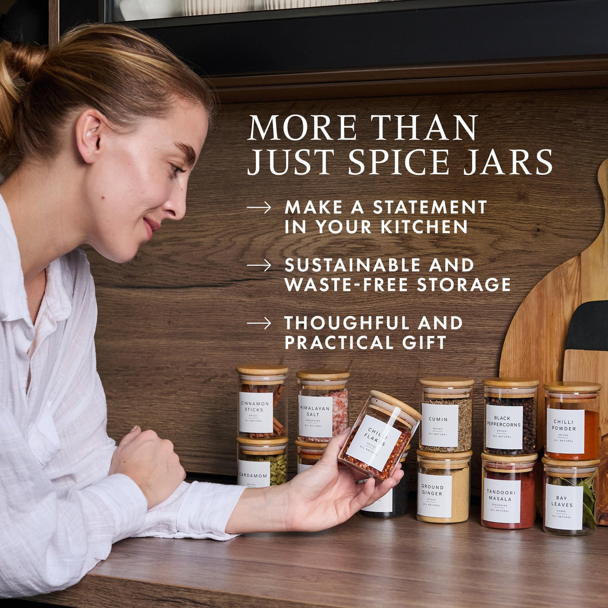 Livabl transparent jars showcase spices while maintaining a cohesive kitchen look.