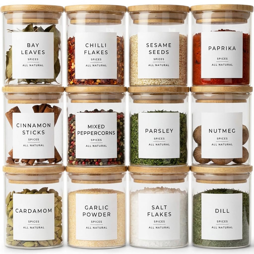 Livabl glass spice jars with labels help you identify spices quickly and neatly.