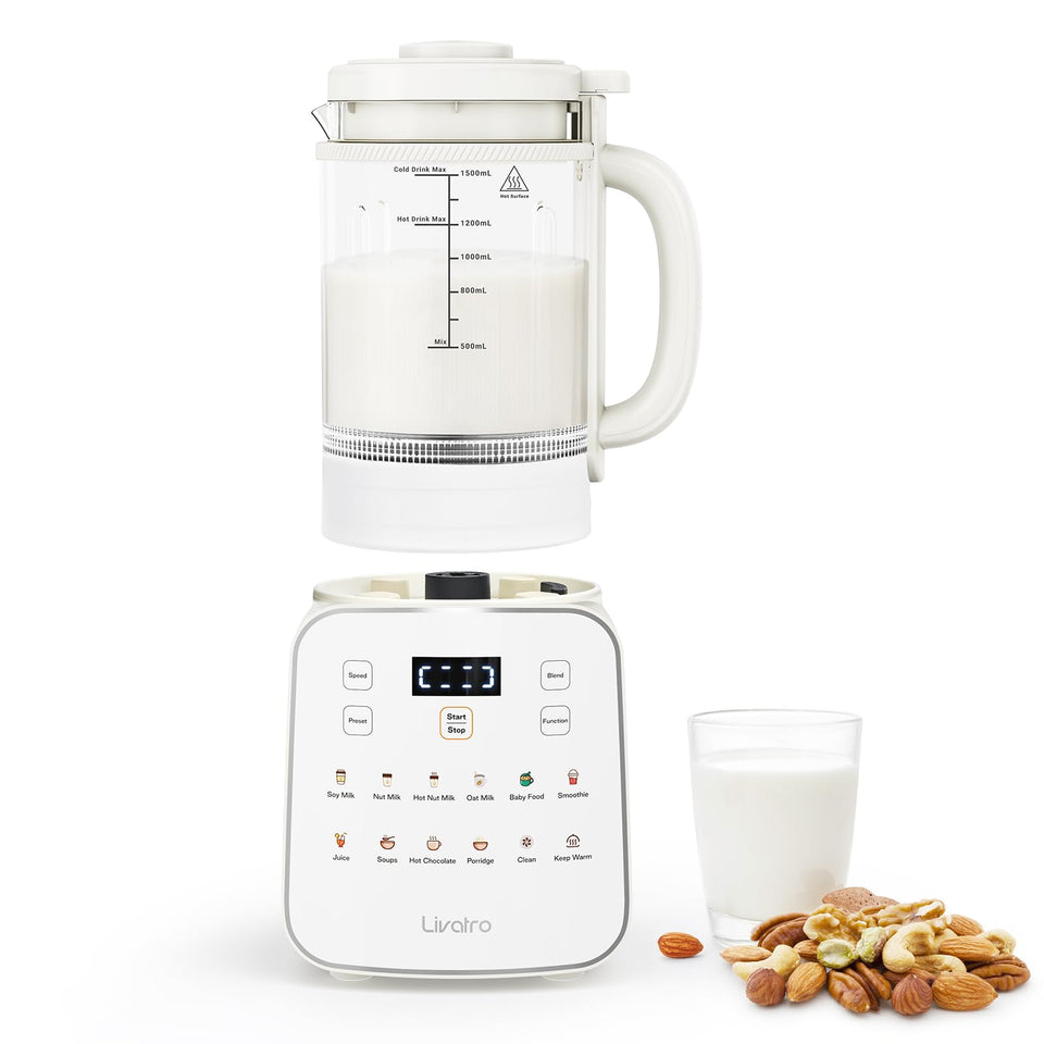Livatro 50oz Nut Milk Maker front view shows family-sized capacity for morning batches.
