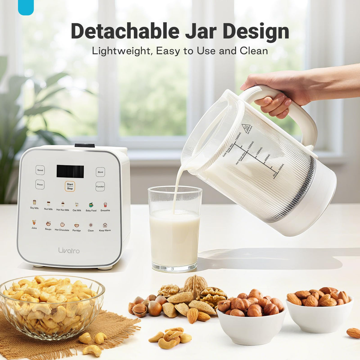 Livatro detachable glass jar close-up highlights easy cleaning and hassle-free maintenance.