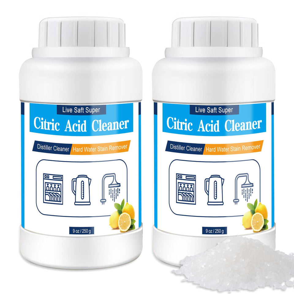 Live Saft Super citric acid powder in jar for mineral removal in kettles.