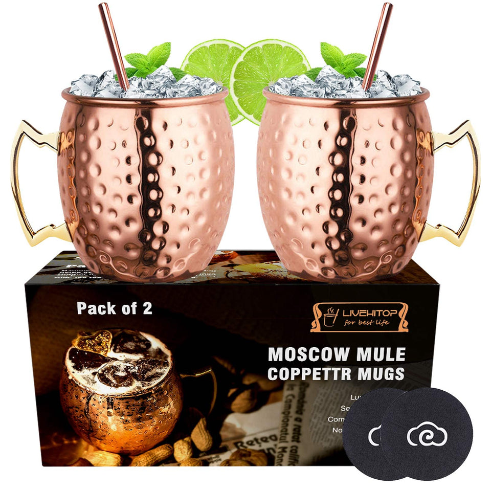 LIVEHITOP two Moscow Mule copper mugs, 19.5 oz each, ideal for stylish entertaining.