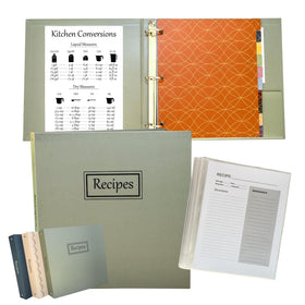 Liv'in Free sage green recipe binder cover offers durable, water-resistant storage.