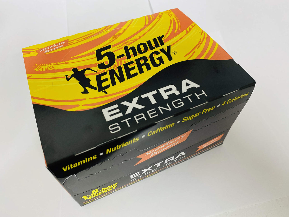 Living Essentials 5-hour Energy Extra Strength Strawberry Banana shot bottle ready for quick energy before workouts.