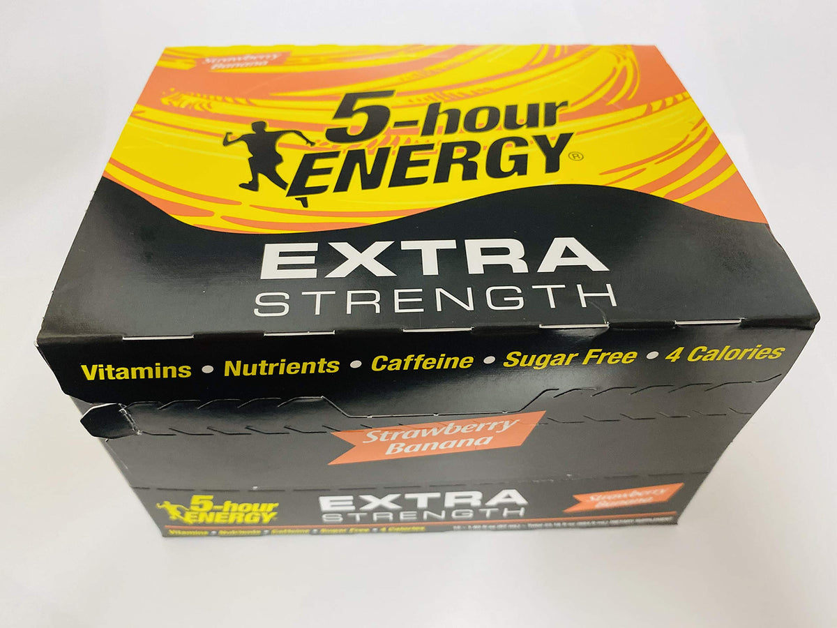 Living Essentials 5-hour Energy Extra Strength Strawberry Banana shot label with caffeine information and nutrients.