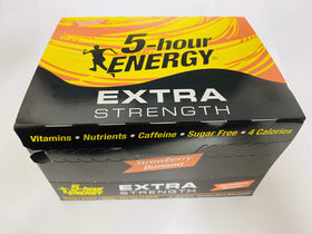 Living Essentials 5-hour Energy Extra Strength Strawberry Banana shot label with caffeine information and nutrients.