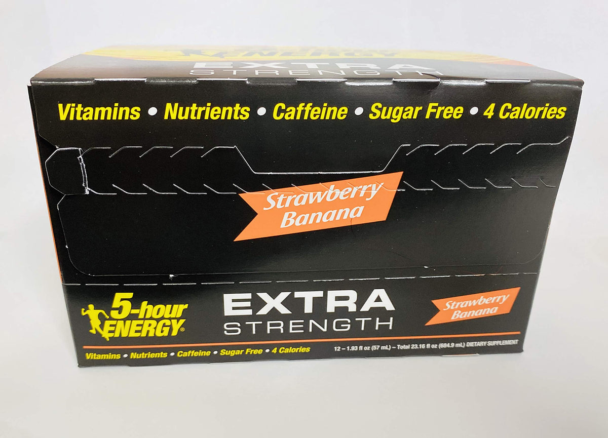 Living Essentials 5-hour Energy shot front packaging highlighting flavors and benefits.