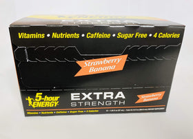 Living Essentials 5-hour Energy shot front packaging highlighting flavors and benefits.