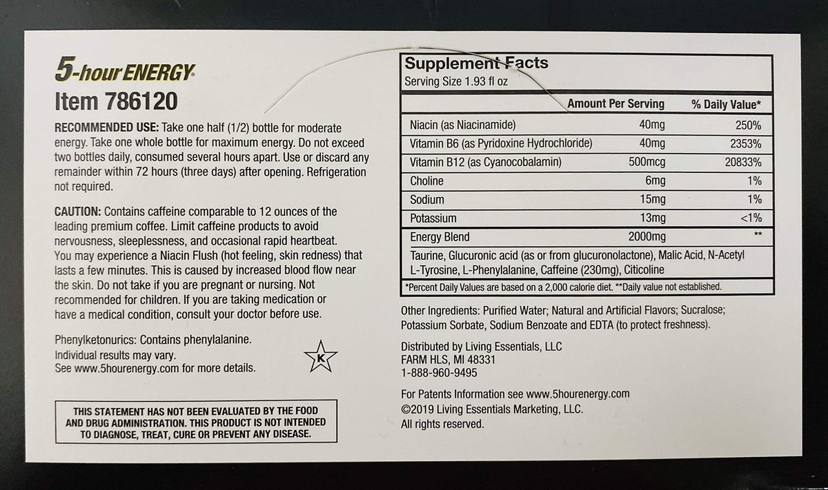 Living Essentials 5-hour Energy shot nutrition label showing calories and zero sugar.