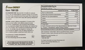 Living Essentials 5-hour Energy shot nutrition label showing calories and zero sugar.