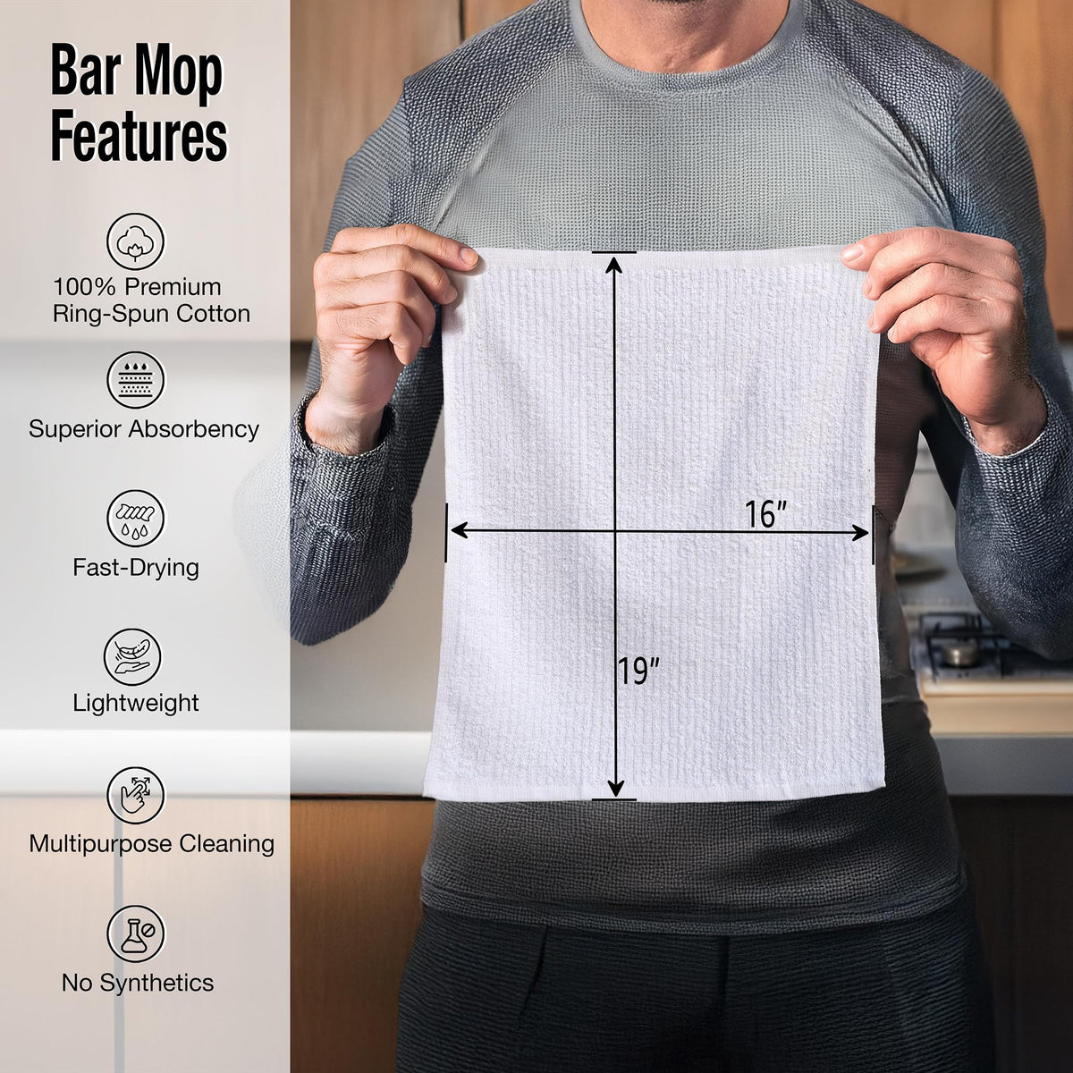 Living Fashions ring-spun cotton bar mop towels for high-absorbency cleaning