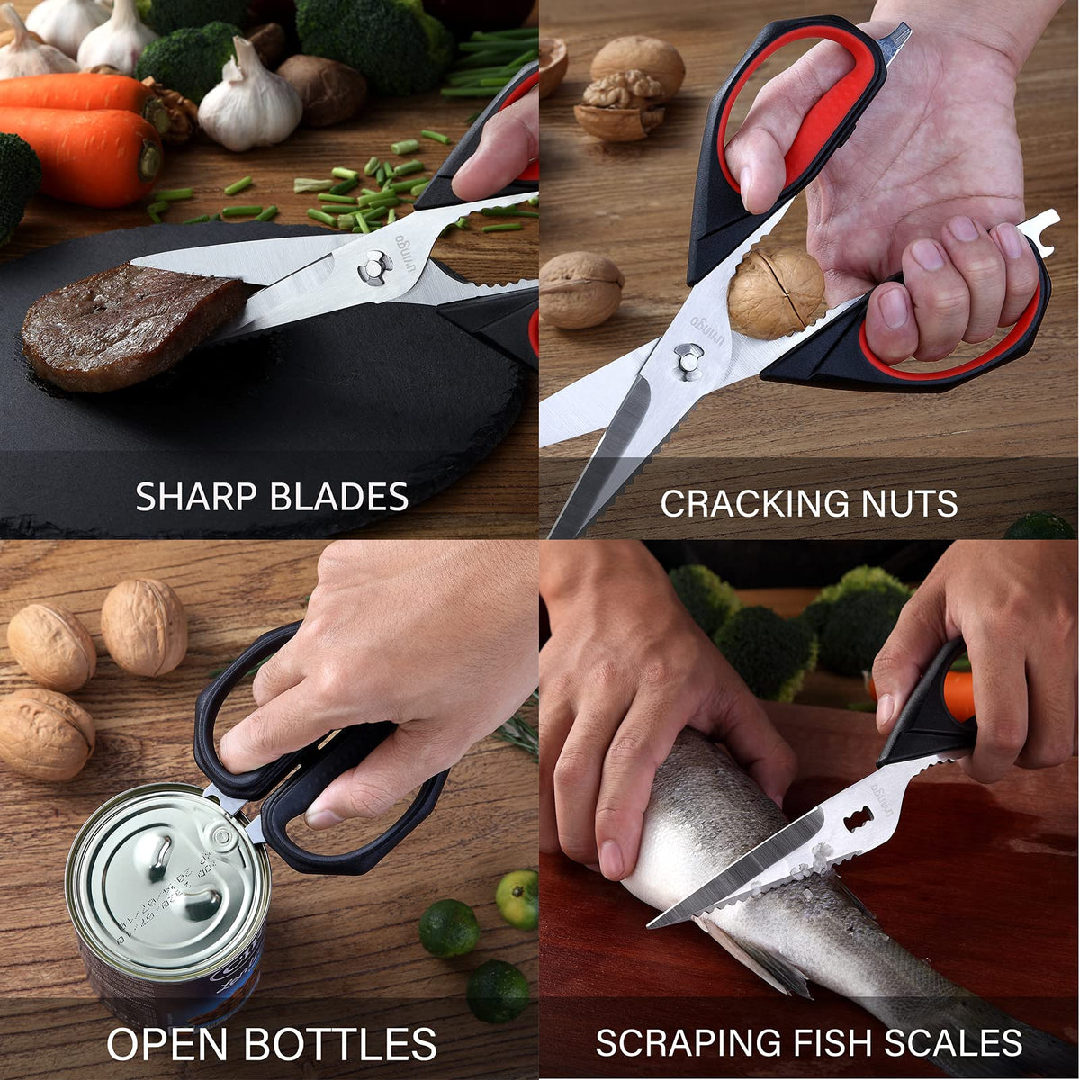 Heavy duty blades cutting meat, poultry and vegetables with ease