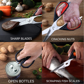 Heavy duty blades cutting meat, poultry and vegetables with ease