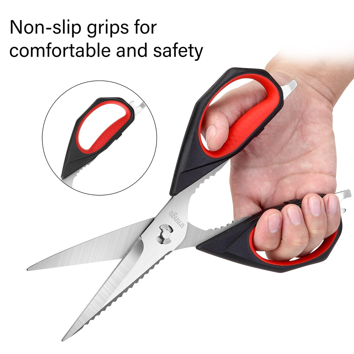 Nut cracker and bottle opener features on LIVINGO scissors for versatility