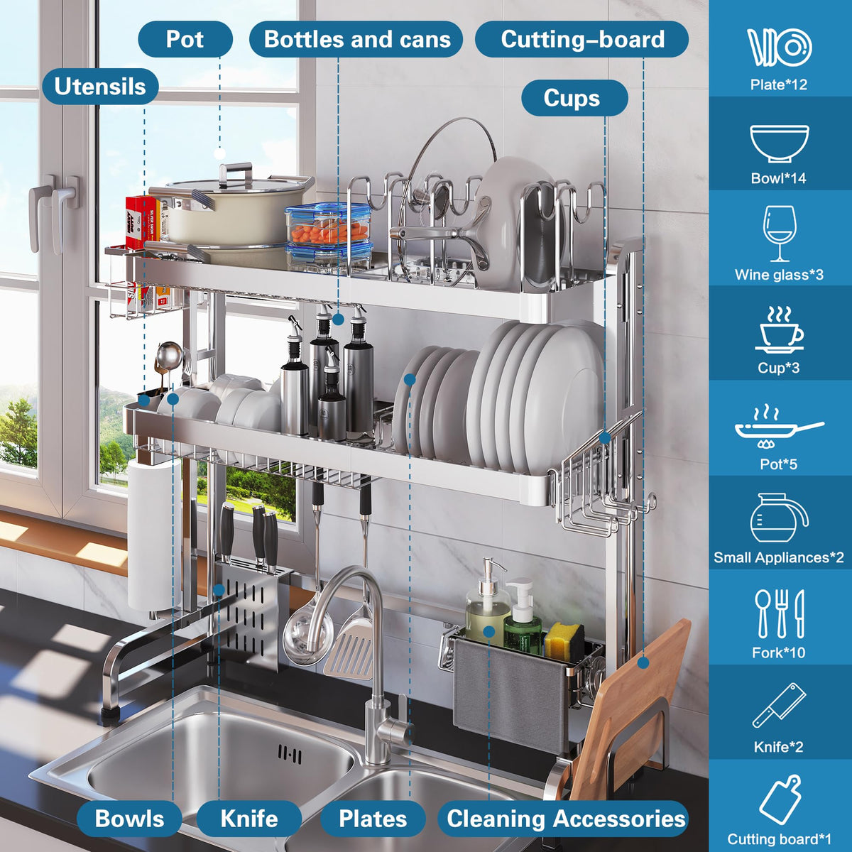 LIVOD over-sink rack middle layer keeps utensils and plates neatly organized.