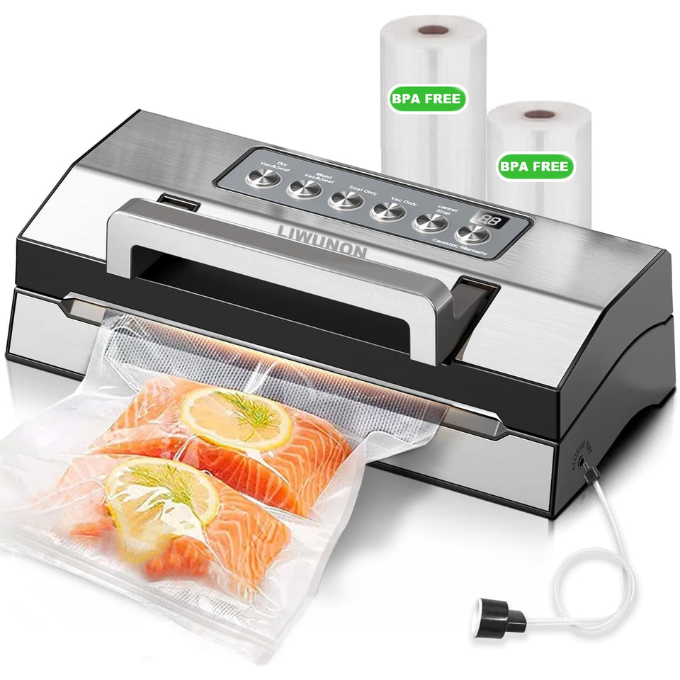 LIWUNON vacuum sealer front panel shows durable, stylish stainless steel for everyday kitchen use.