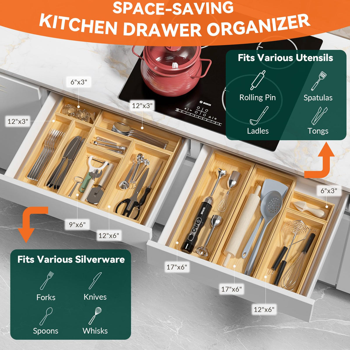 Lixple two-pack bamboo organizers for organized kitchen drawers.