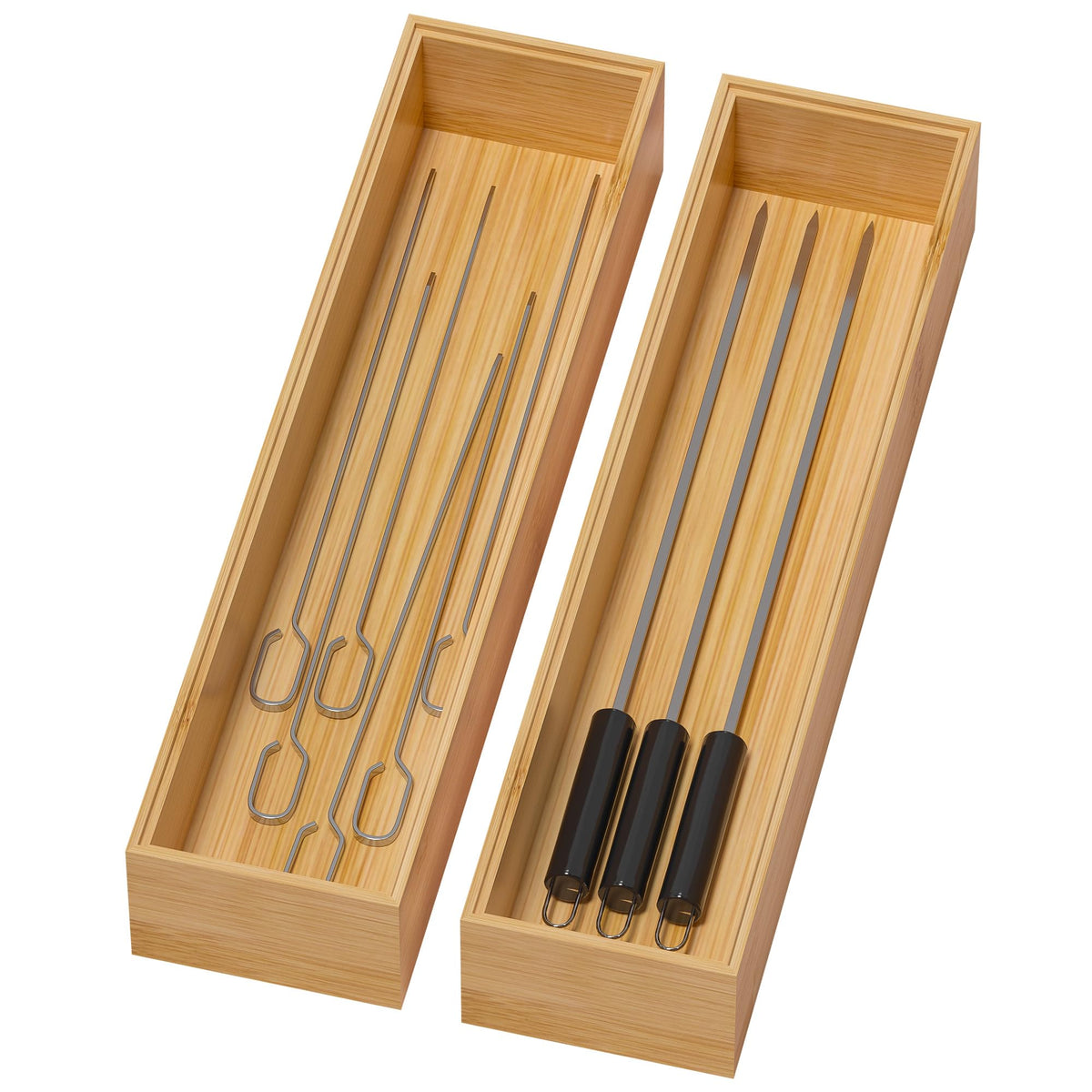 Lixple bamboo drawer organizer with narrow outer tray, ideal for kitchen silverware storage.