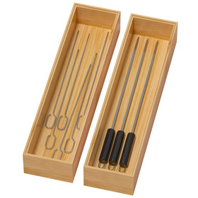 Lixple bamboo drawer organizer with narrow outer tray, ideal for kitchen silverware storage.