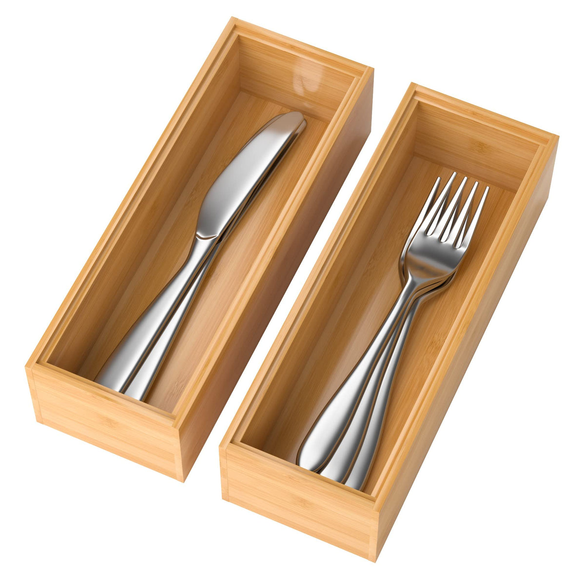 Lixple bamboo drawer organizer outer boxes in a two-pack for space-saving in kitchen drawers