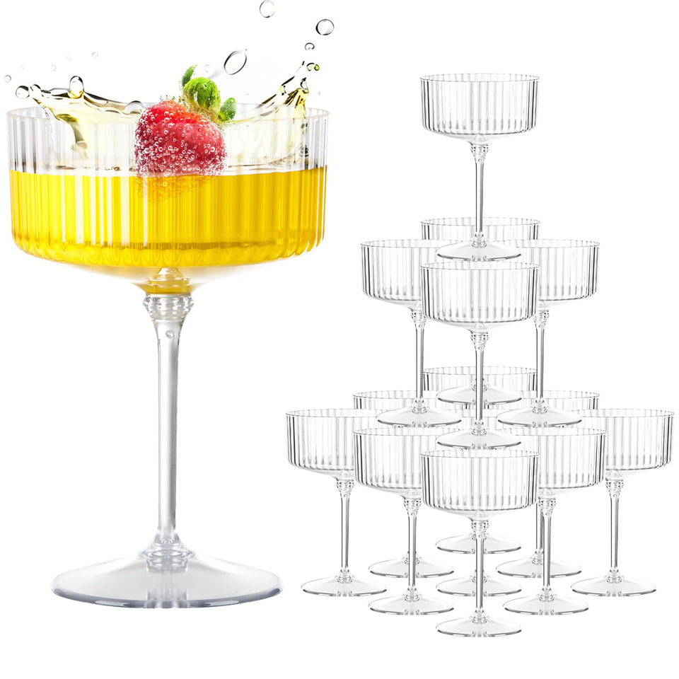 LIYH champagne glasses 10oz in a tower display for festive toasts.