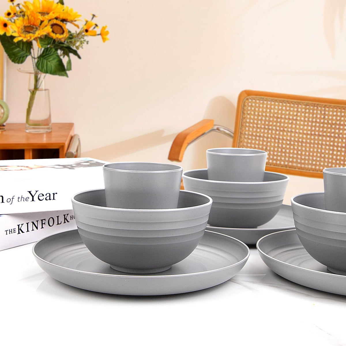 LIYH grey wheat straw dinnerware set camping-dining—ideal for camping and outings.