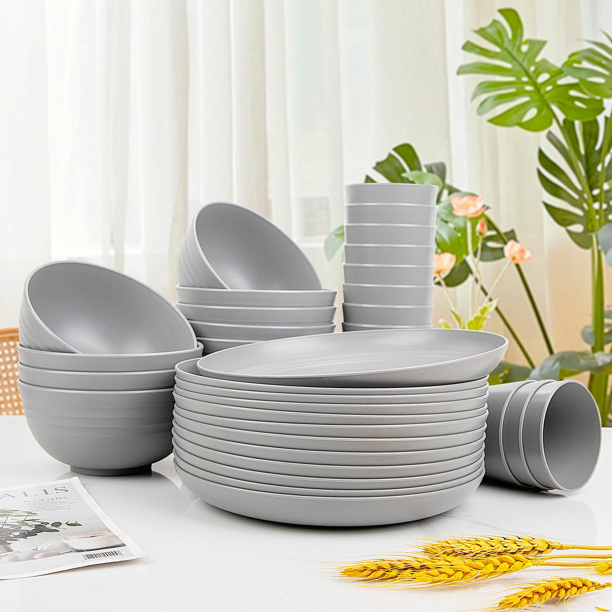 LIYH grey wheat straw dinnerware set easy-clean surface—fast, simple washing.