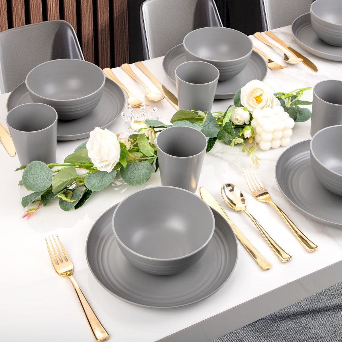 LIYH grey wheat straw dinnerware set family-meal set—serves 12 for gatherings.