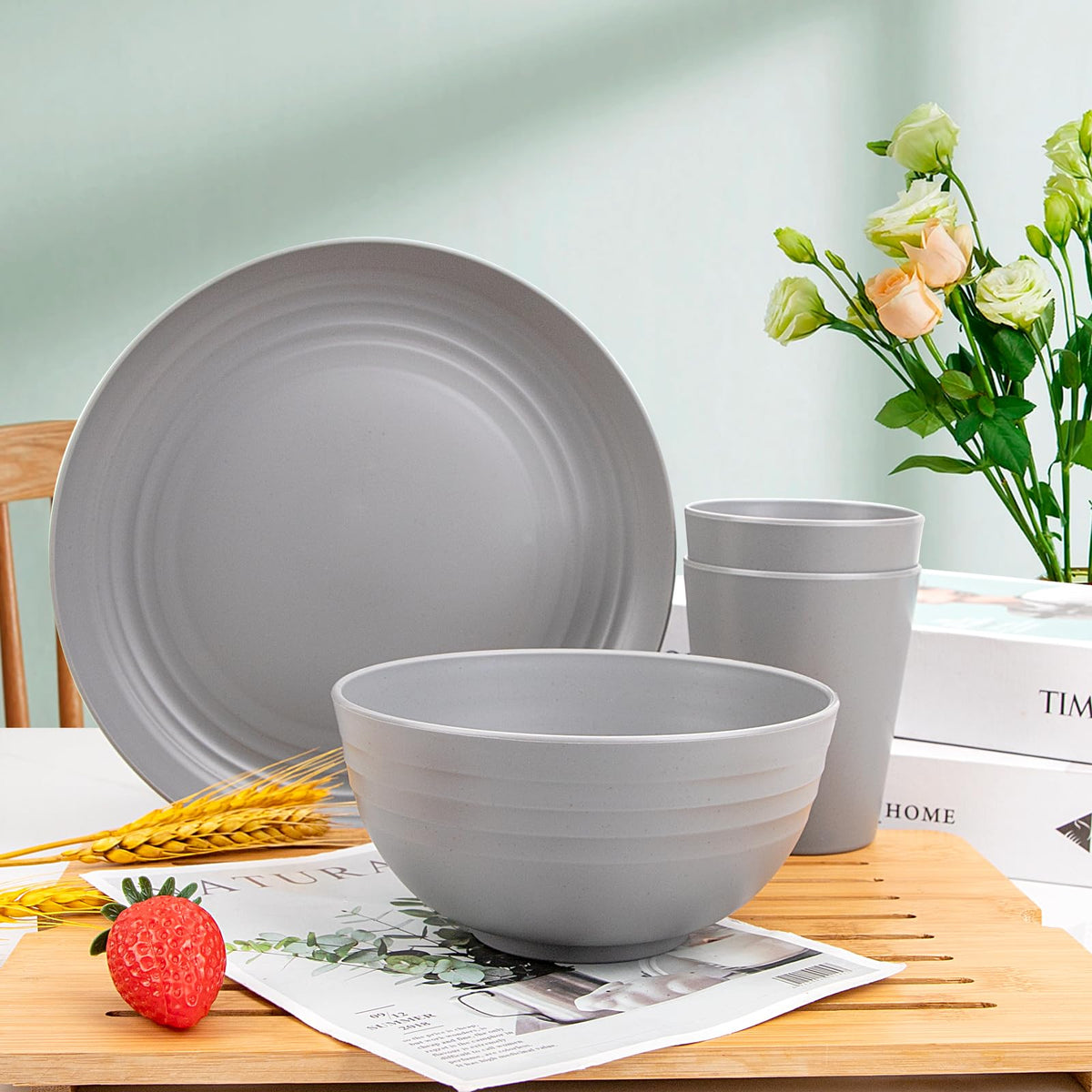 LIYH grey wheat straw dinnerware set lightweight—comfortable to handle at the table.