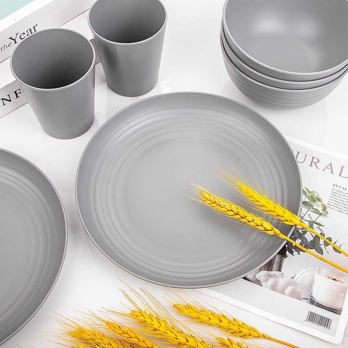 LIYH grey wheat straw dinnerware set unbreakable design—great for outdoor dining.