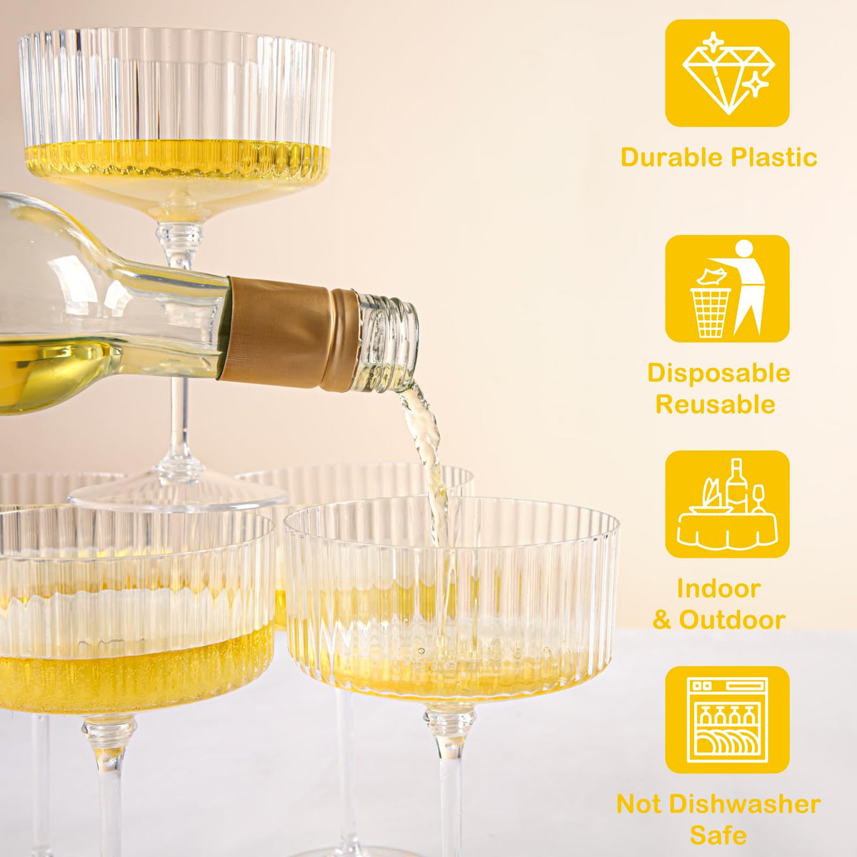 LIYH plastic coupe glasses with three-part design for sturdy, space-saving storage.