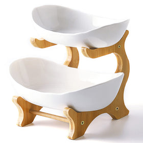 Liywall 3-Tier ceramic bowl with bamboo stand for organized fruit display.