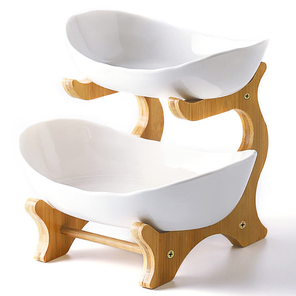 Liywall 3-Tier ceramic bowl with bamboo stand for organized fruit display.