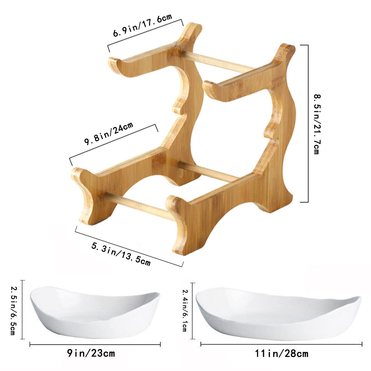 Liywall bamboo stand elevates porcelain bowls for elegant snack serving.