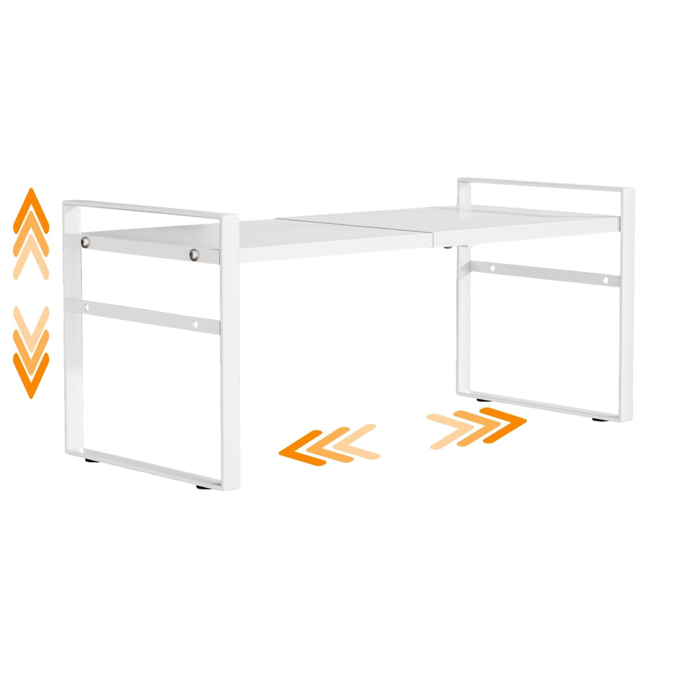 LJHFUQHUHU expandable cabinet shelf in white, showing adjustable width for customized storage