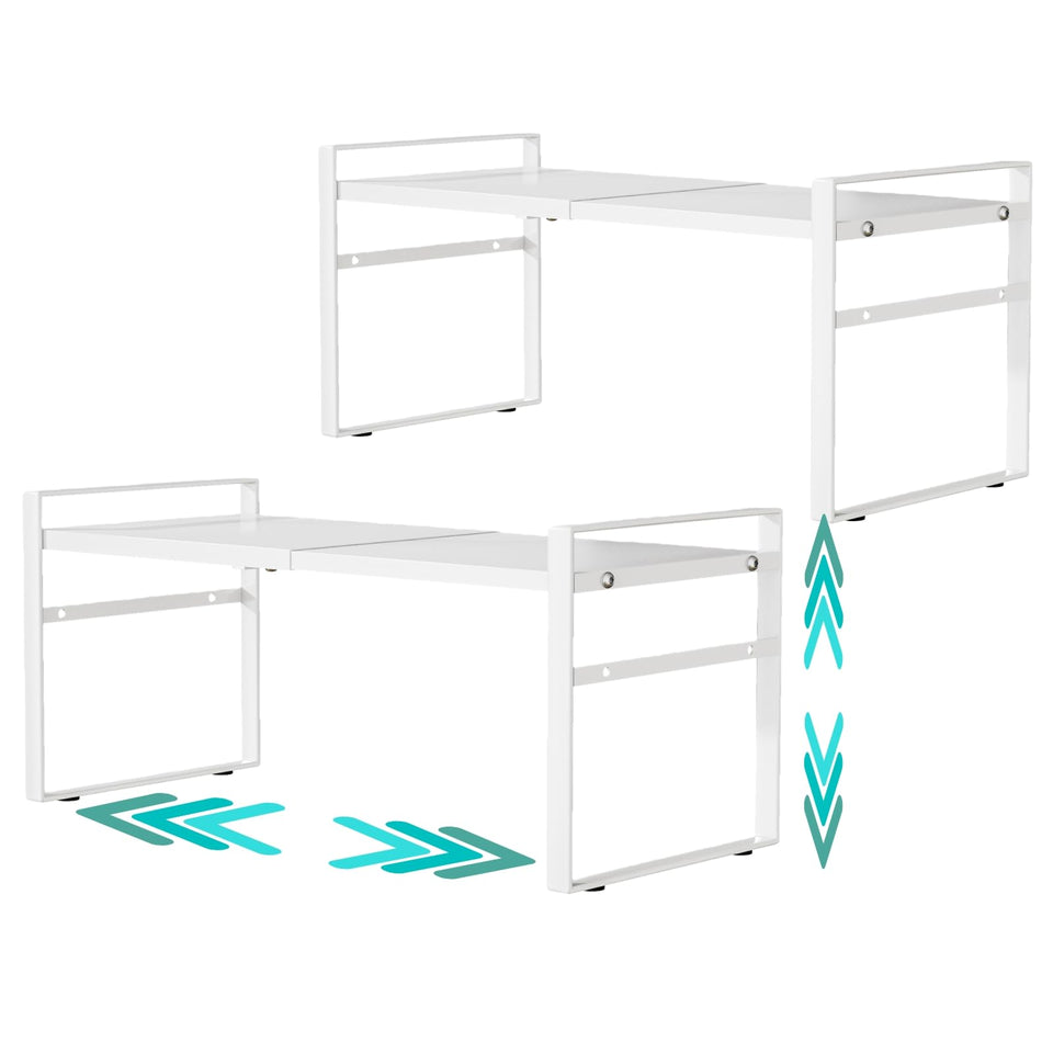 LJHFUQHU Expandable shelf in kitchen cabinet for organized storage and easy access.