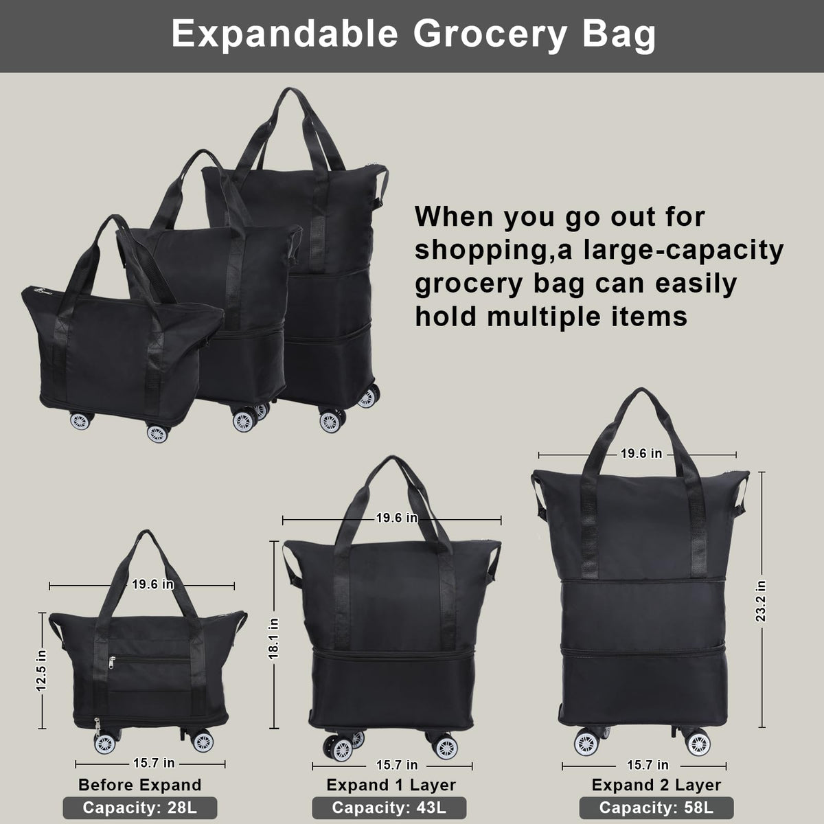 Detachable wheels enable easy shopping and transport