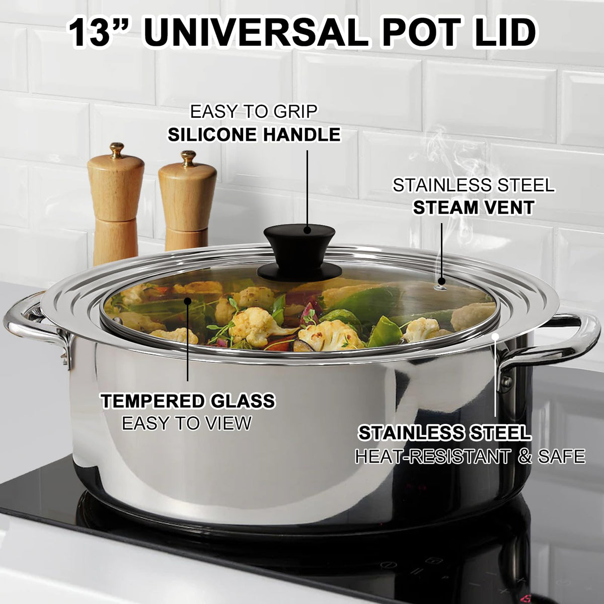 LKEAKICN universal lid fits 11-12-13 inch pots for clutter-free kitchen.