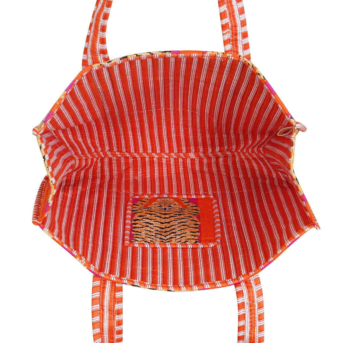 LKGSM RUGS block print tote with sturdy cotton shoulder strap.