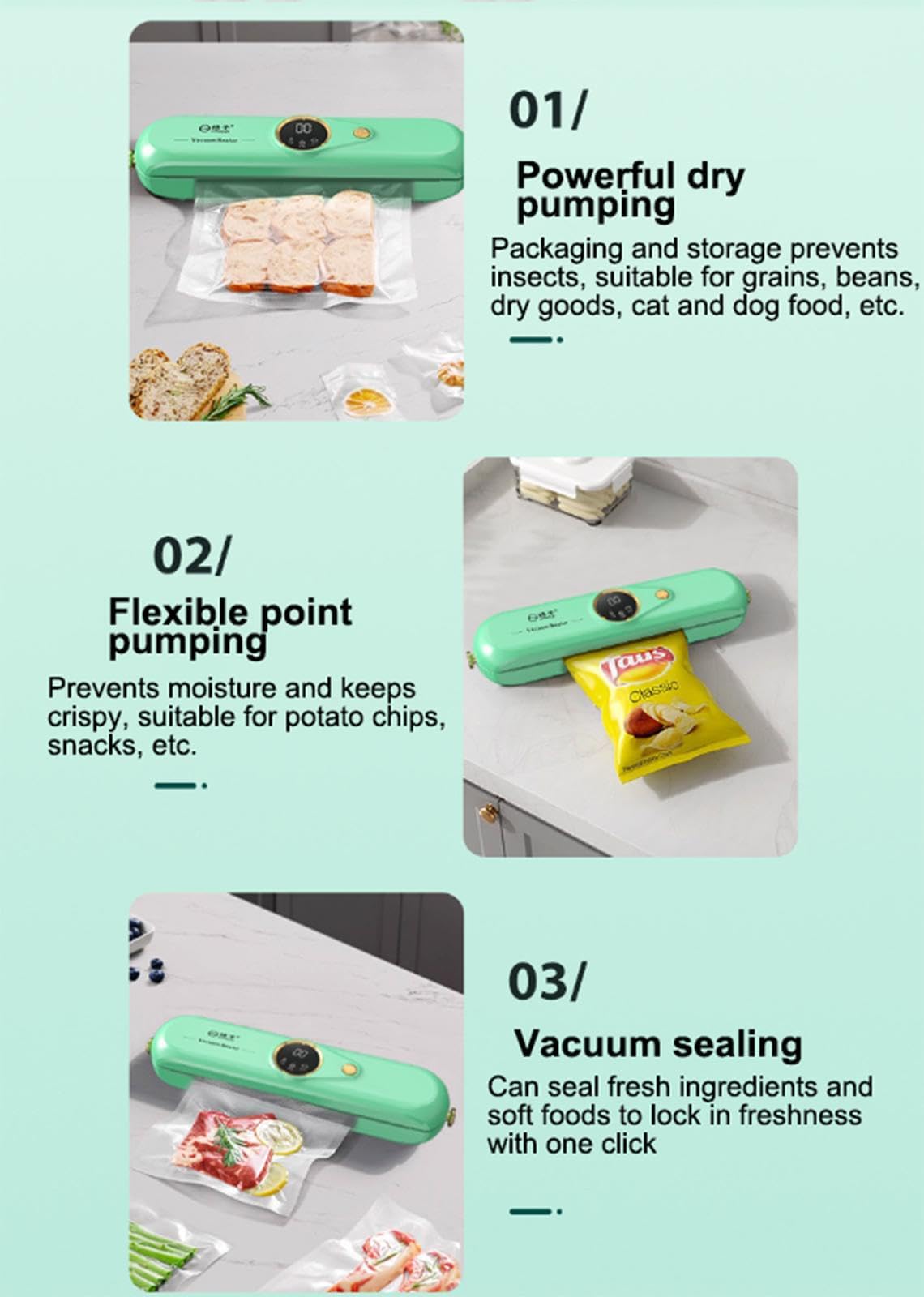 LKKNC vacuum sealer with 3-free-bags starter kit for immediate saving.