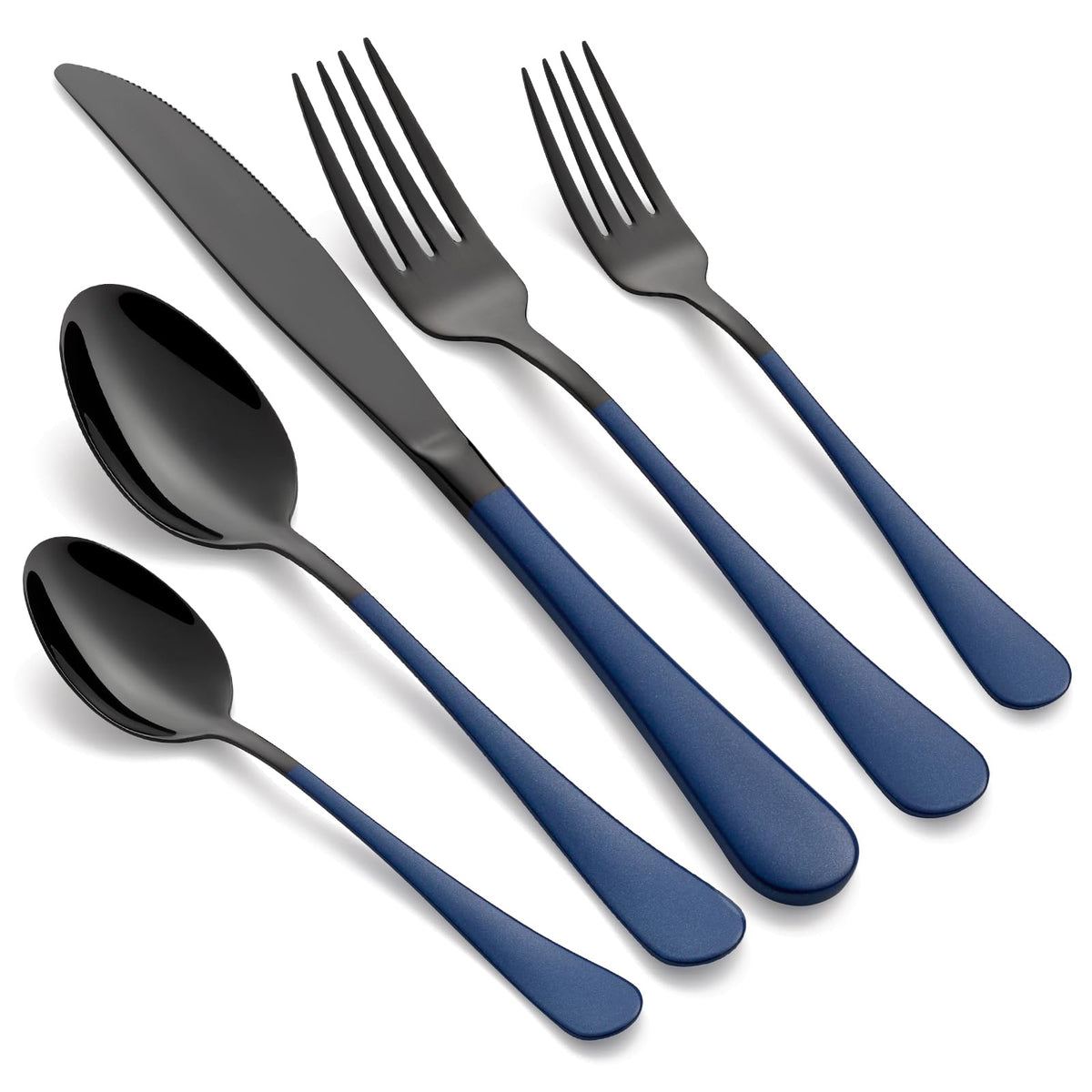 LKTDYMEG flatware set for four in black and blue, ideal for family meals.