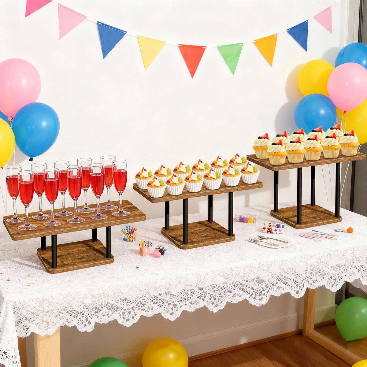 LLAXERGU dessert stand setup enhances party or wedding decor.