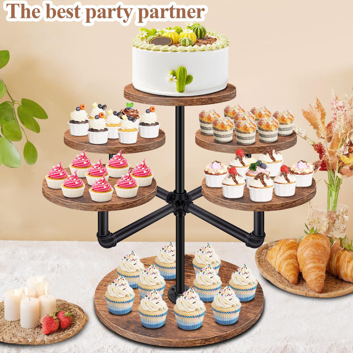 LLAXERGU wooden cake stand with sturdy MDF and metal frame for durability.