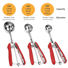 LLESCA medium cookie scoop with red grip for uniform 2 tbsp portions.