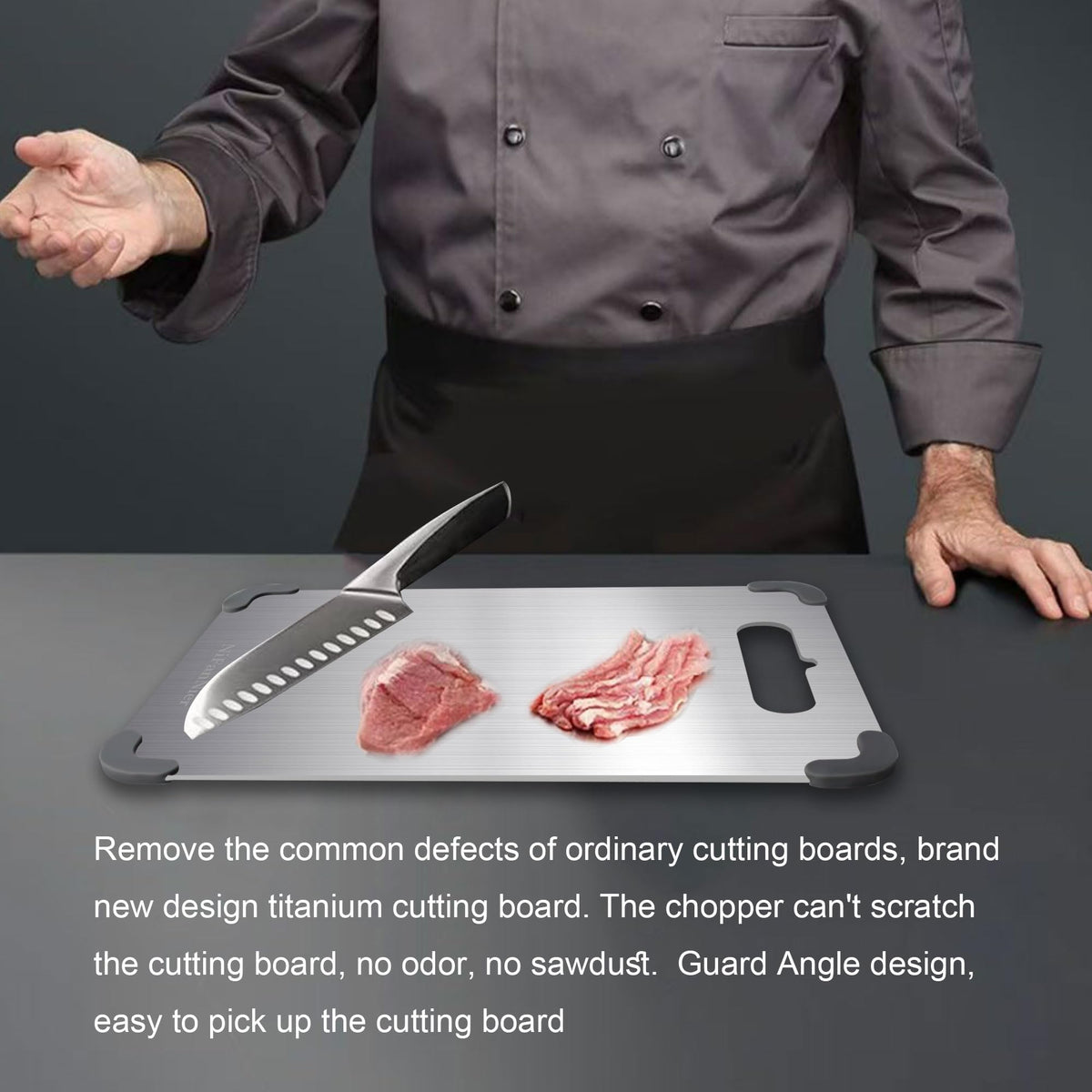 Lmuwecno titanium cutting board double-sided design supports separating meats and produce.
